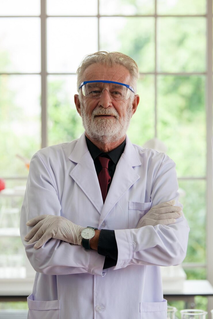 Photo 実験室に立っている自信のある上級男性科学者の肖像画