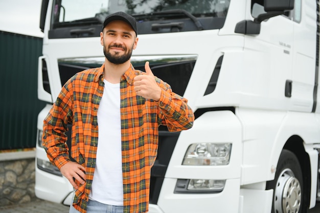 Portrait of confident truck driver on parking lot Copy space