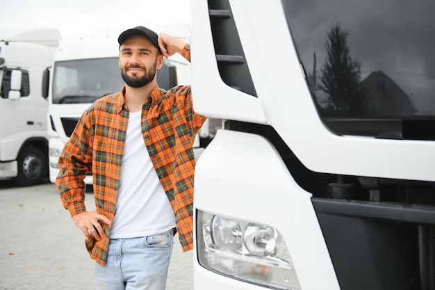 Photo portrait of confident truck driver on parking lot copy space