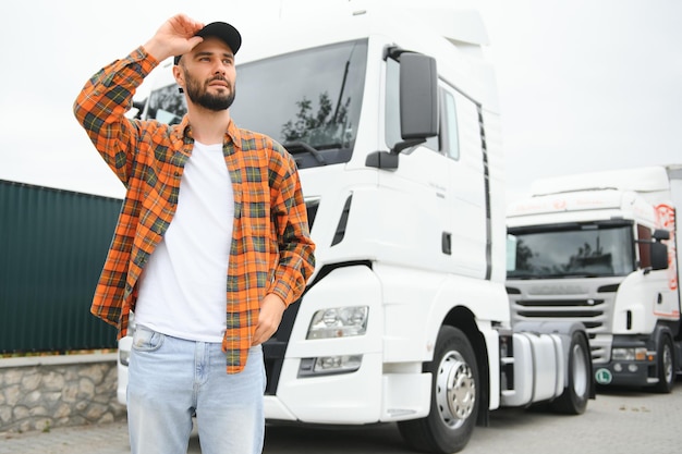 Foto ritratto di un autista di camion sicuro sul parcheggio