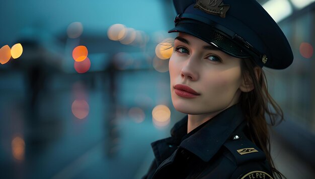 Portrait of a confident woman in police uniform blue hour city background cinematic style photography AI