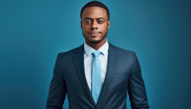 Портрет уверенного в себе молодого африканского бизнесмена в костюме на синем фоне