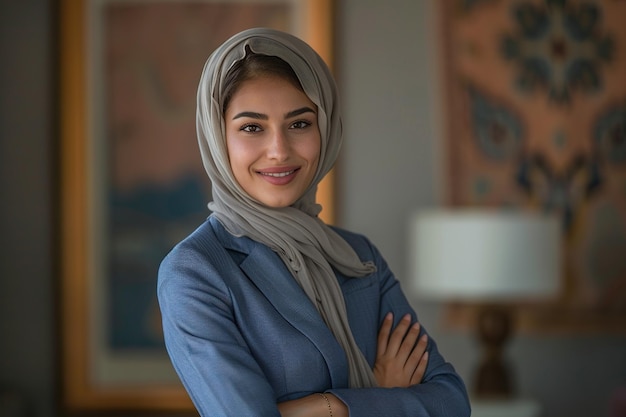 Portrait of a Confident Young Arabian Businesswoman Standing in Office in a Blue Business Suit Successful Corporate Manager Posing for Camera with Crossed Arms Smiling Cheerfully