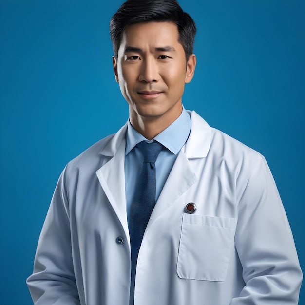 Portrait of a confident young asian doctor in white coat blue background