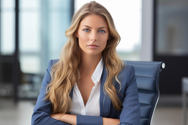 Portrait of a confident young blonde businesswoman sitting on chair at workplace