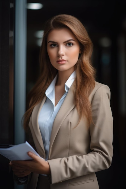 Portrait of a confident young businesswoman holding documents created with generative ai