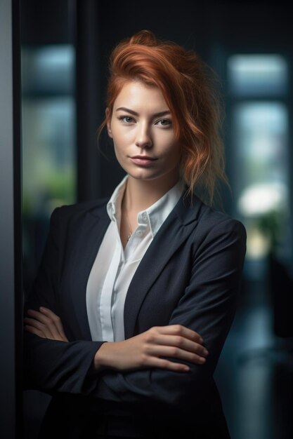 Photo portrait of a confident young businesswoman standing in an office created with generative ai