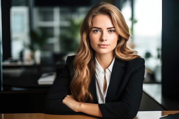 Портрет уверенной в себе молодой деловой женщины, работающей в своем офисе, созданный с помощью генеративного ИИ