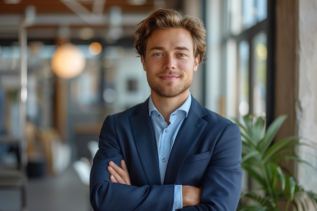 Portrait of a Confident Young Caucasian Businessman Standing in Office in a Blue Business Suit Successful Corporate Manager Posing for Camera with Crossed Arms Smiling Cheerfully