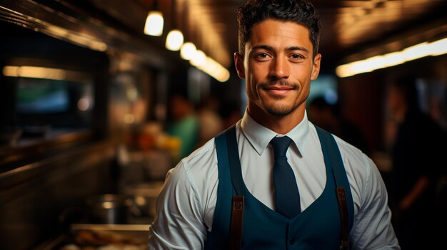 Foto ritratto di un giovane chef fiducioso in piedi con le braccia incrociate in cucina in un ristorante