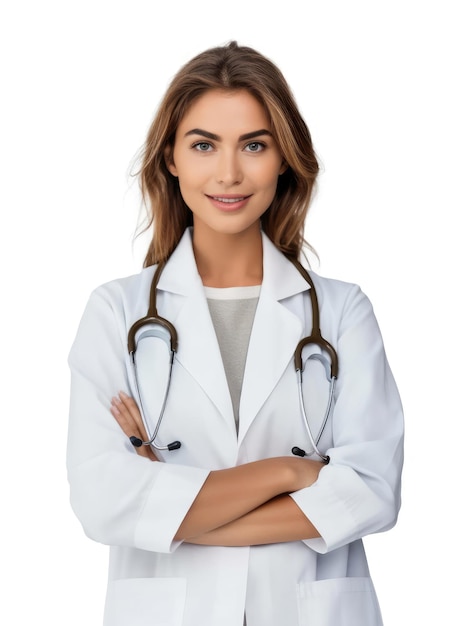 Portrait confident young female doctor on a white background AI generated