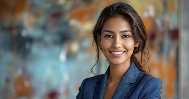 Портрет уверенной в себе молодой индийской бизнесменки, стоящей в офисе в синем деловом костюме, успешный корпоративный менеджер, позирующий для камеры с скрещенными руками, улыбающийся весело.