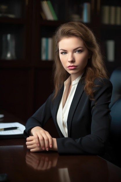 Portrait of a confident young lawyer sitting at her desk in the office created with generative ai