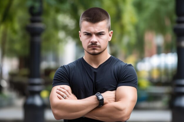 Portrait of a confident young man standing with his arms folded outside