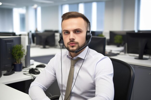 Portrait of a confident young man working in a call centre created with generative ai