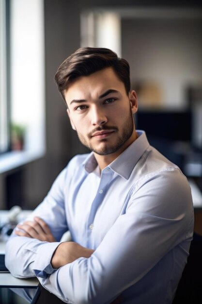 Photo portrait of a confident young man working in an office created with generative ai