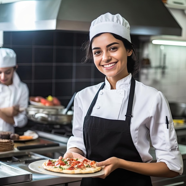 Portrait of confident young woman chef working in modern restaurant kitchen getting ready pizza