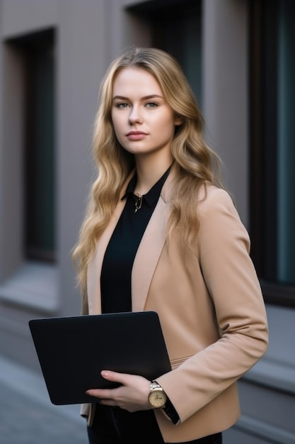 Portrait of a confident young woman holding her laptop created with generative ai