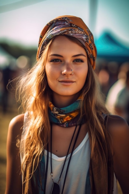 Portrait of a confident young woman posing at an outdoor music festival created with generative ai