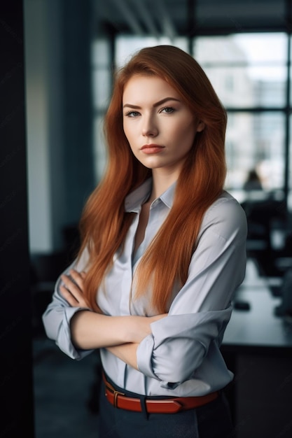 Portrait of a confident young woman standing in an office created with generative ai