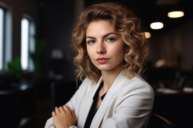 Портрет уверенной в себе молодой женщины, работающей в офисе, созданный с помощью генеративного ИИ