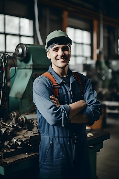 Portrait of confident young worker standing with arms crossed in factory