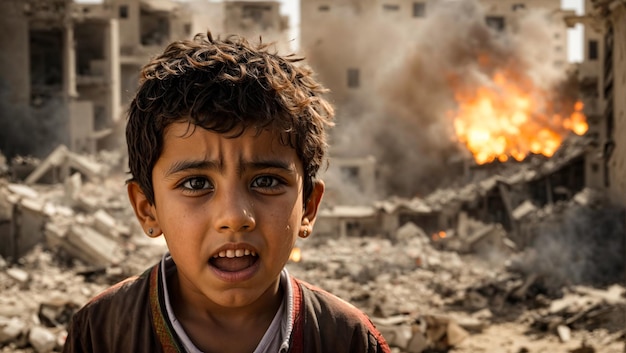 Portrait of a confused boy against the background of destroyed houses in Palestine