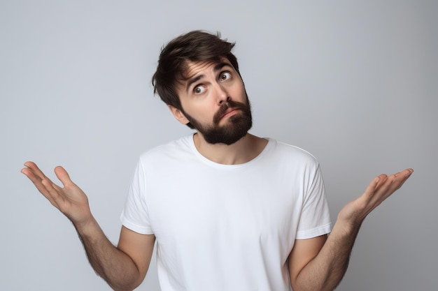 Portrait of confused and clueless darkhaired man with beard in white tshirt shrugging making no idea gesture