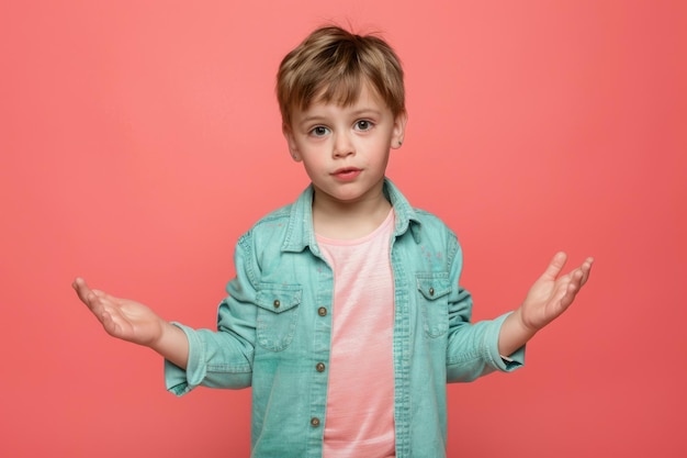 Photo portrait of confused kid shrugging shouldersmaking no idea gesture i dont know who cares