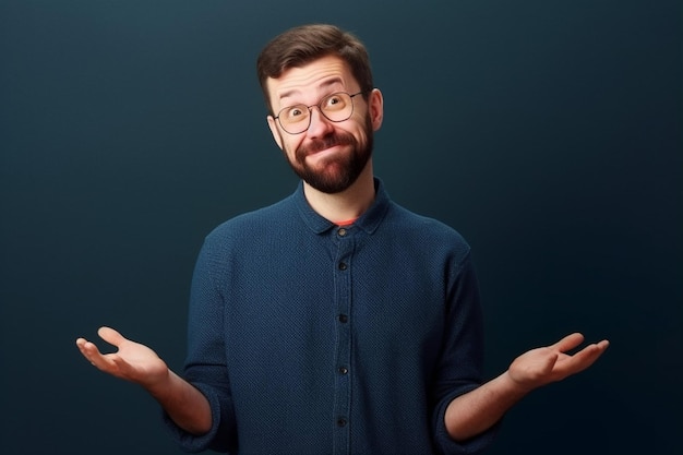 Portrait of a confused young man over solid background shrugging shoulders