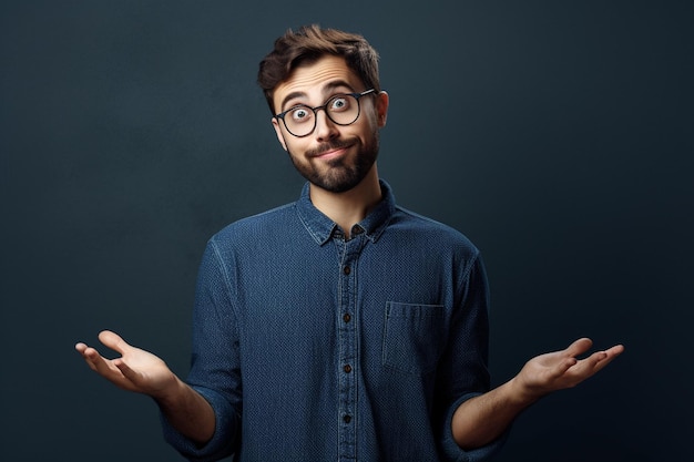 Portrait of a confused young man over solid background shrugging shoulders