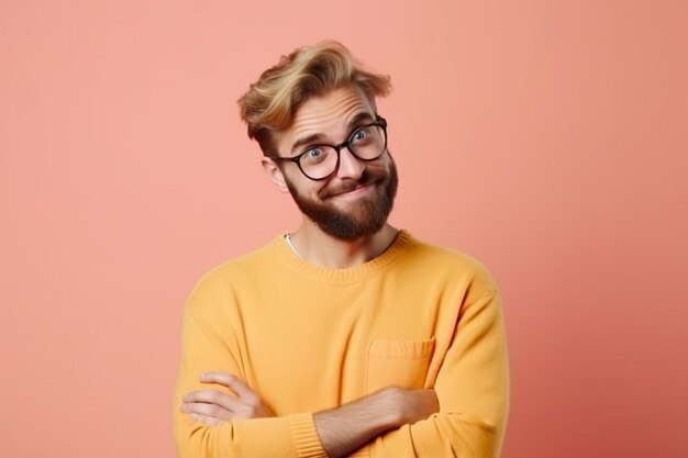 Portrait of a confused young man over solid background