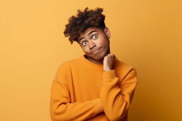 Portrait of a confused young man over yellow background