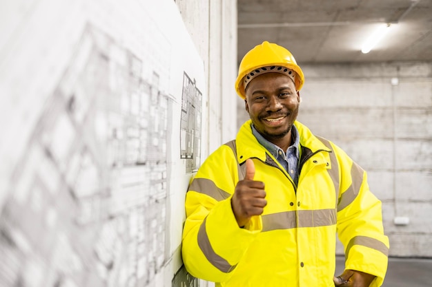 Portrait of construction engineer standing by building technical drawing or project plan