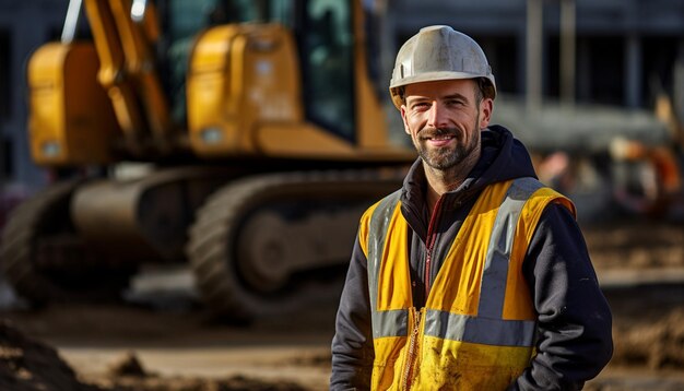 Портрет строителя на строительной площадке возле экскаватора, глядящий на камеру, улыбающийся