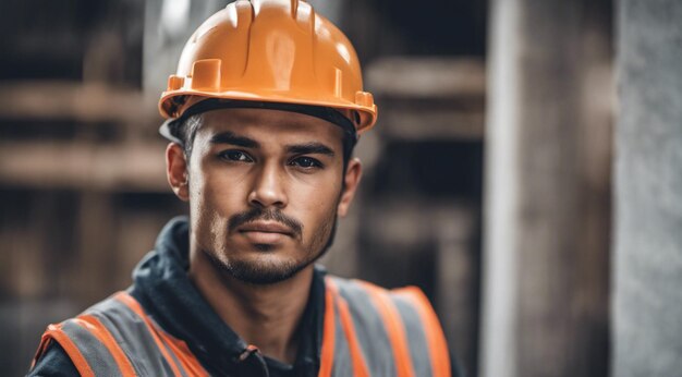건설 노동자의 초상화: 일하는 동안 열심히 일하는 노동자 헬을 입은 남자의 초상상화