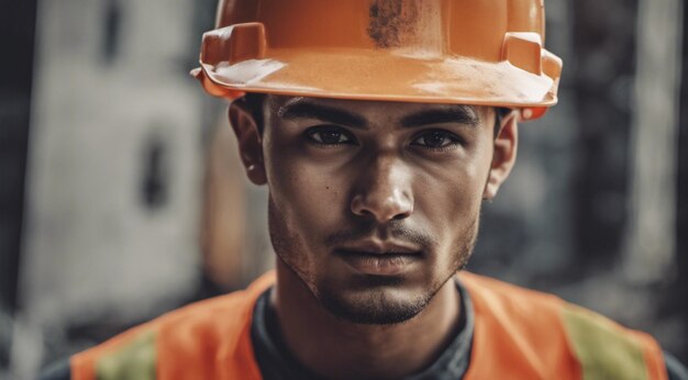 Портрет строительного рабочего, трудолюбивый на работе, портрет человека в шлеме.