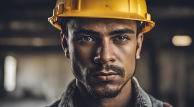 portrait of a construction worker hard worker at work portrait of a man with helmet hard worker