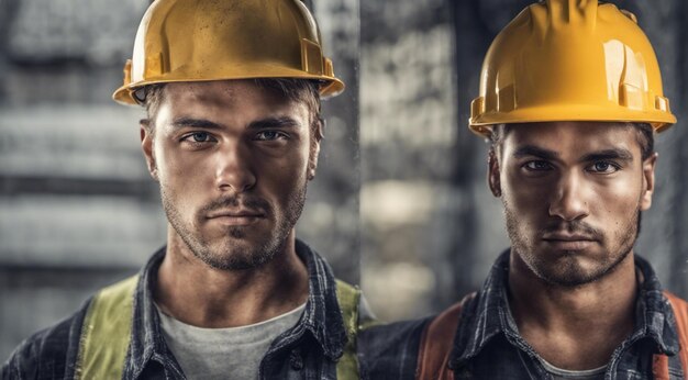 건설 노동자의 초상화: 일하는 동안 열심히 일하는 노동자 헬을 입은 남자의 초상상화