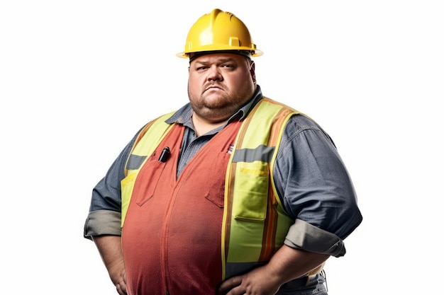 Photo portrait of construction worker overweight man in engineer uniform