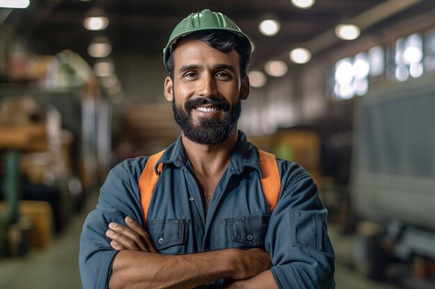 Photo portrait of construction worker in uniform is in the factory generative ai