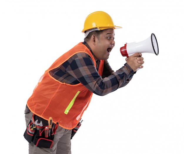 Portrait of constructor scream with megaphone