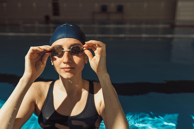 Portrait of content female swimmer in professional cap and goggles looking at camera