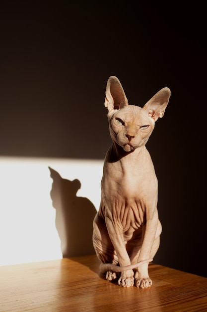 Foto ritratto di un gatto contento con un occhio strabico razza sphinx su uno sfondo isolato cat stock photo