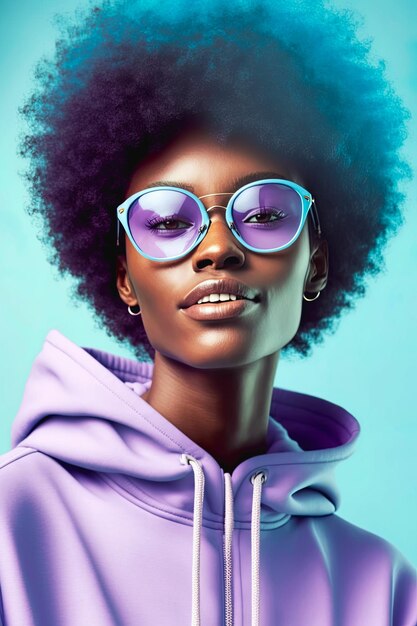 Portrait of cool Afro woman with sunglasses and purple hoodie over blue background