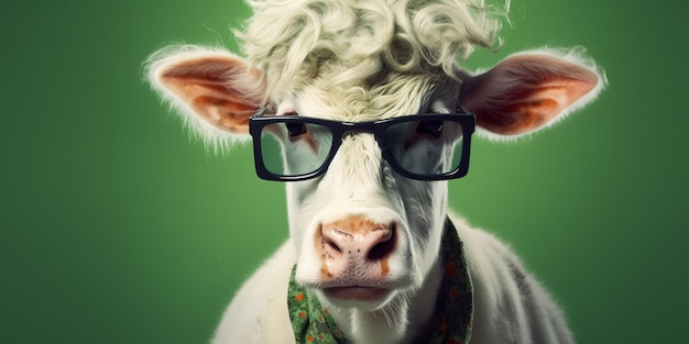 Foto ritratto di una mucca cool e divertente che indossa occhiali in studio sullo sfondo dell'ia generativa
