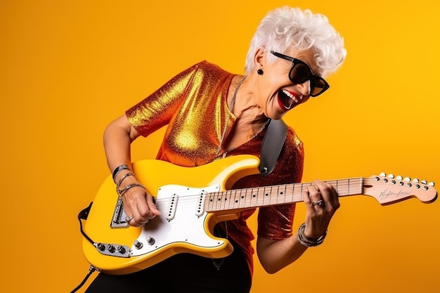 Portrait of a cool trendy old woman playing a guitar on yellow studio background generative ai