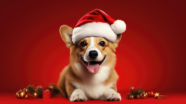 Portrait of a corgi in a New Year's red Santa Claus hat on a red background in the studio Creative The concept of Christmas and holidays