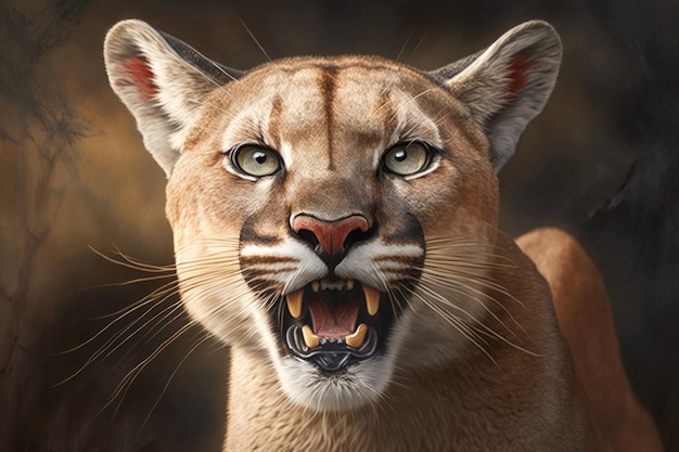 Photo portrait of cougar closeup shouts directly into the camera generative ai