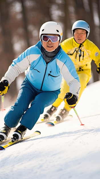 Portrait of couple of active senior chinese men skiing